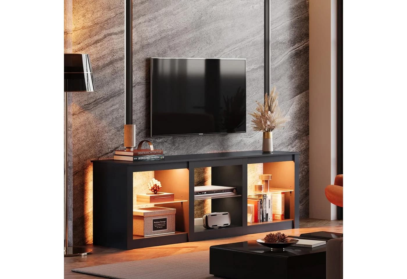 WLIVE Lowboard TV-Schrank mit RGB-LED-Beleuchtung Schwarz