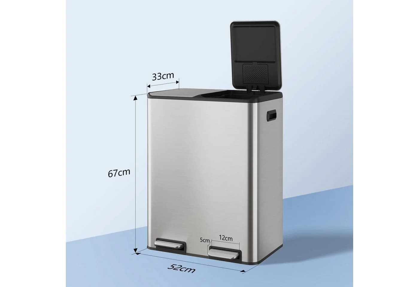 WLIVE Doppel-Mülleimer 60L Edelstahl Schwarz/Silber mit Fußpedal
