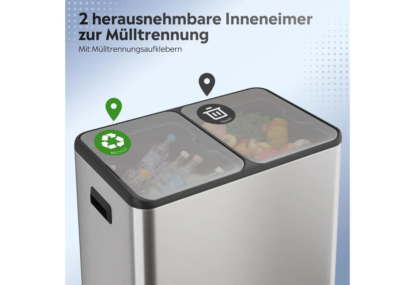 WLIVE Doppel-Mülleimer 60L Edelstahl Schwarz/Silber mit Fußpedal - Bild 4