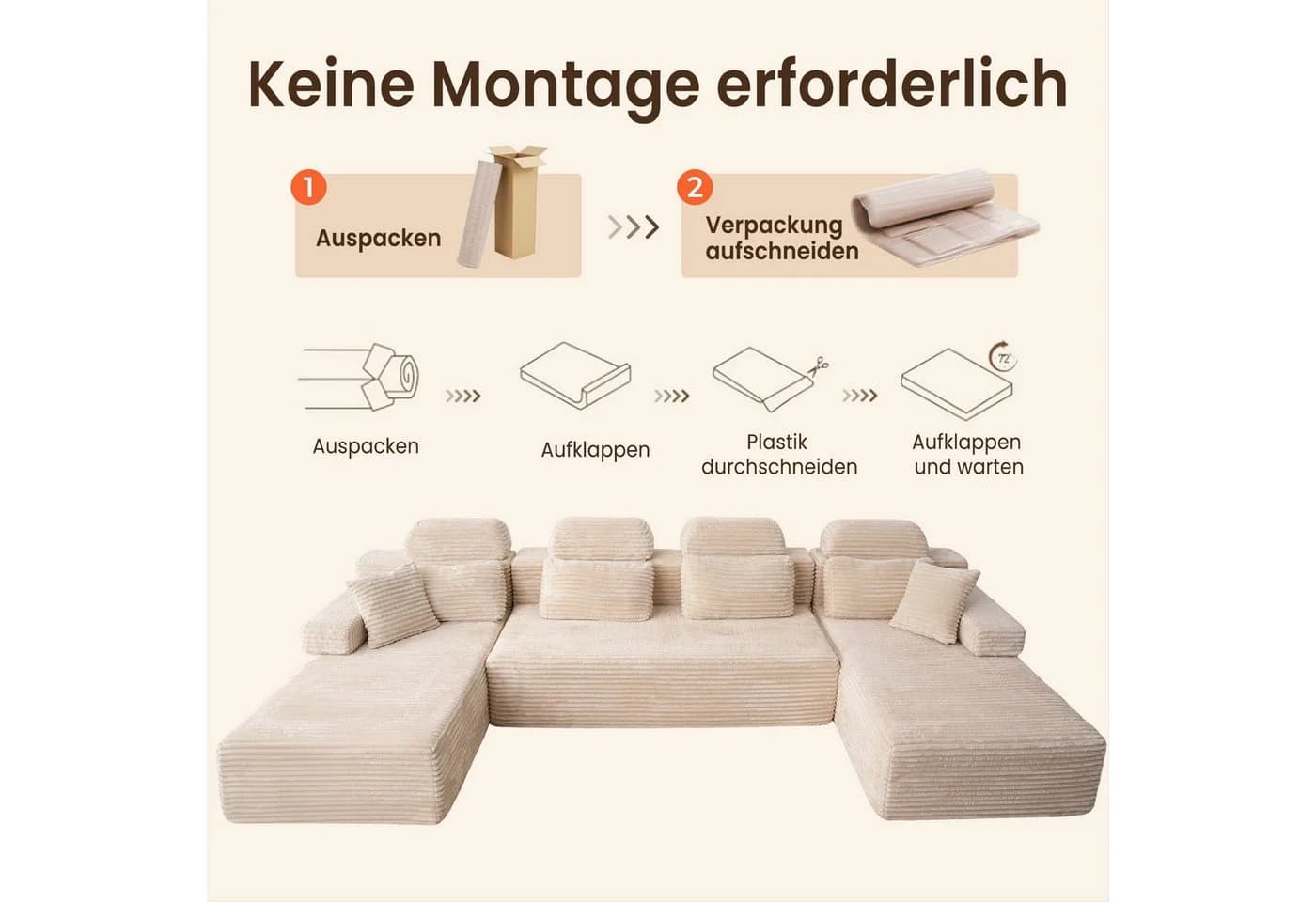 Patbrela U-förmiges modulares Sofa mit zwei Liegesesseln, Samtstoff, Kaltschaum-Polsterung - Bild 3
