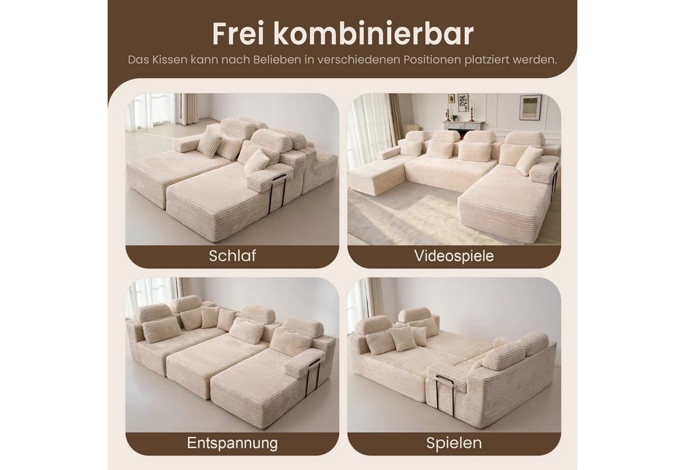 Patbrela U-förmiges modulares Sofa mit zwei Liegesesseln, Samtstoff, Kaltschaum-Polsterung - Bild 5