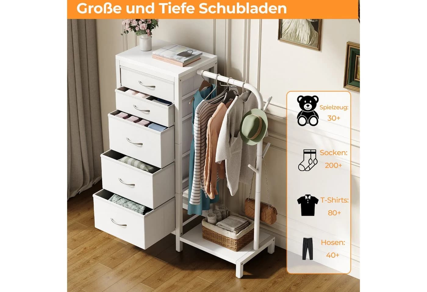 Patbrela Garderobenständer mit 5 Stoffschubladen Weiß