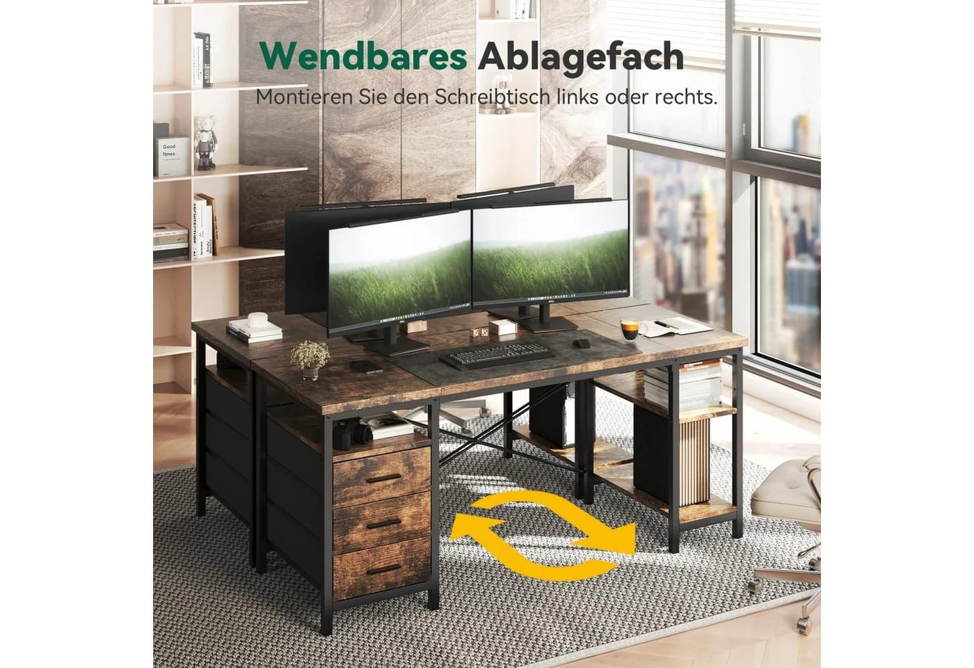 Patbrela Schreibtisch Modern Braun mit 3 Schubladen und Regalen