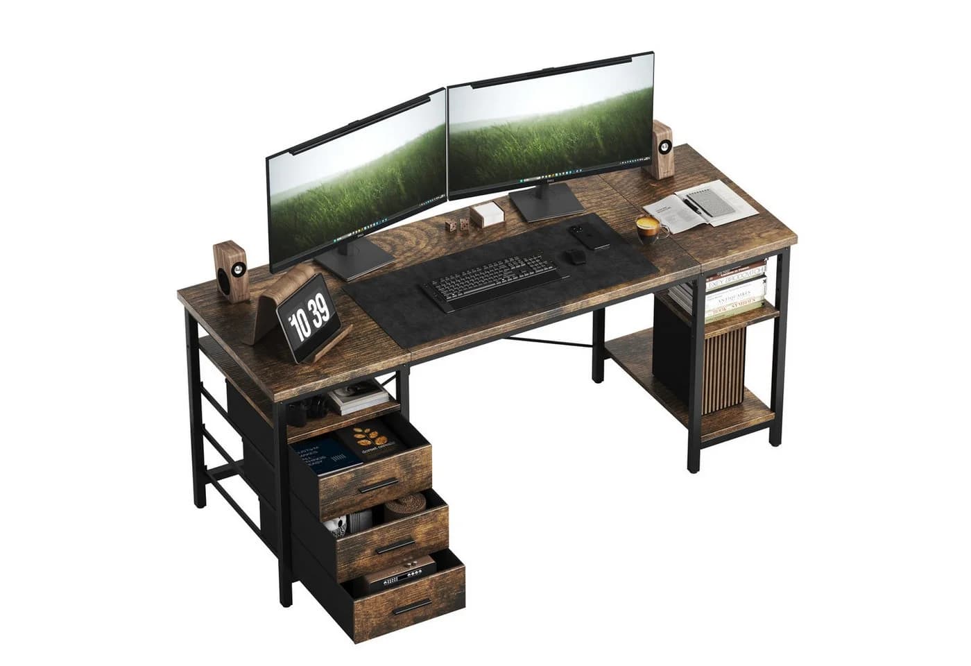 Patbrela Schreibtisch Modern Braun mit 3 Schubladen und Regalen - Bild 2