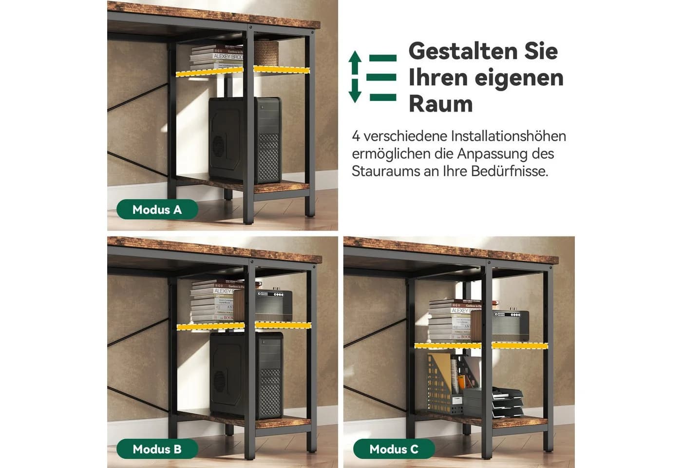 Patbrela Schreibtisch Modern Braun mit 3 Schubladen und Regalen - Bild 4