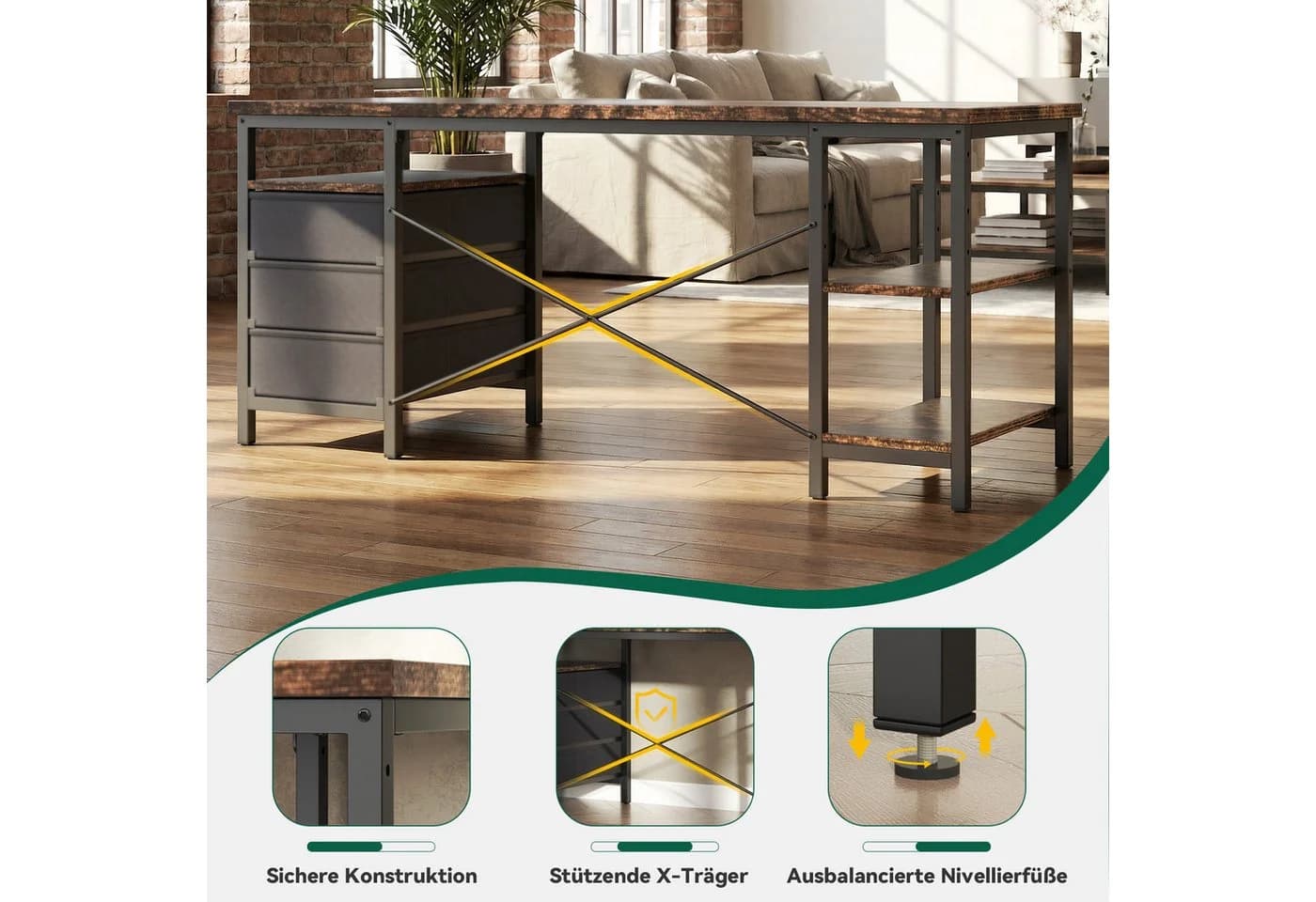 Patbrela Schreibtisch Modern Braun mit 3 Schubladen und Regalen - Bild 5