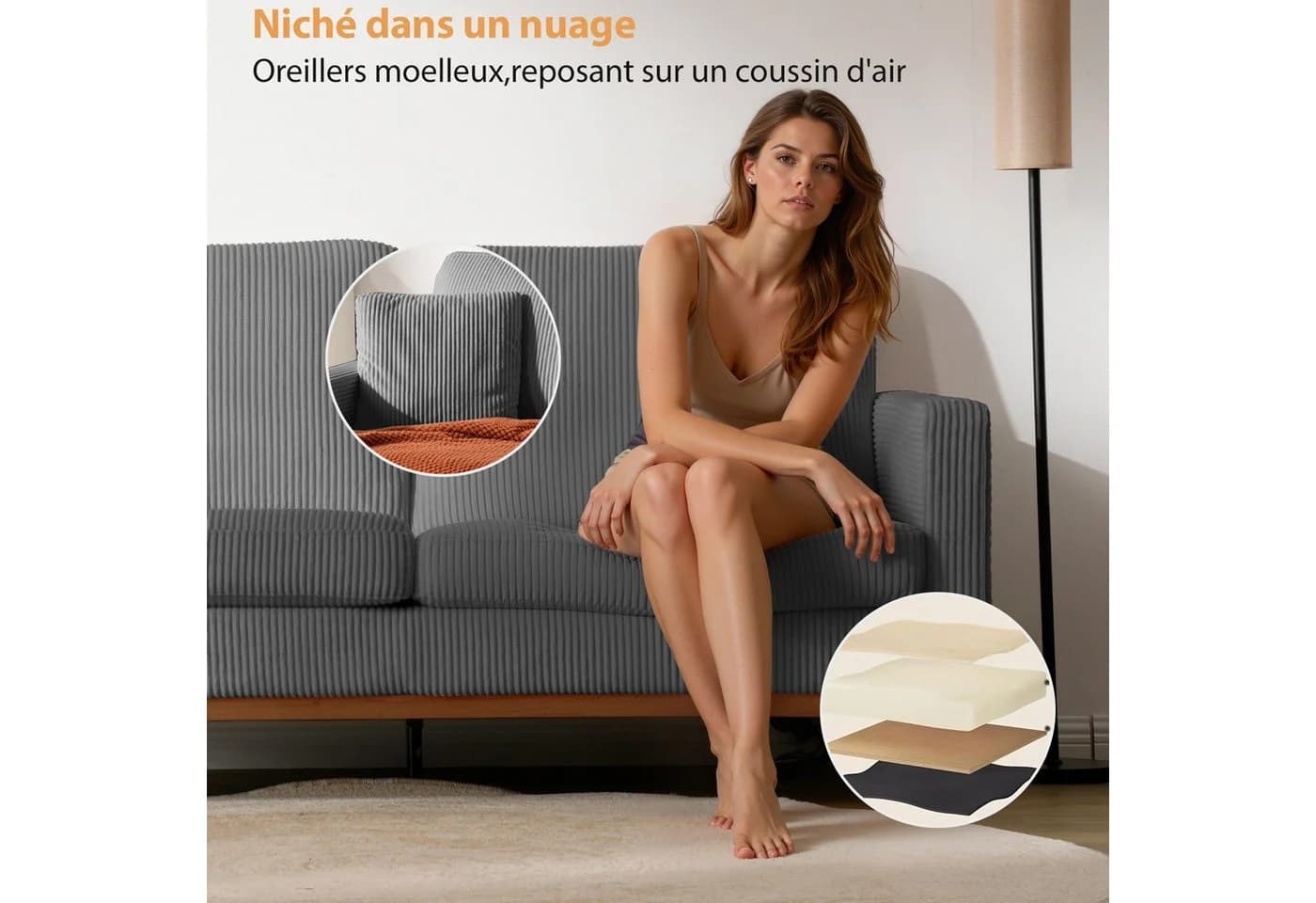 Patbrela 2-Sitzer Sofa Beige Skandinavisch Velours Massivholz - Bild 3
