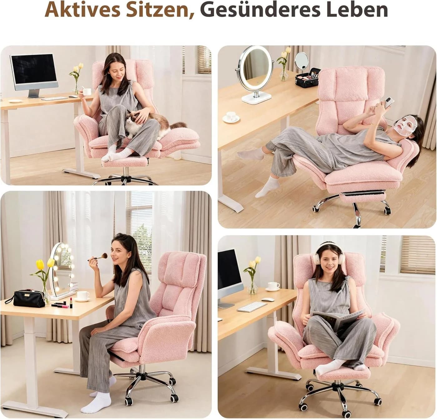 Patbrela Bürostuhl mit klappbaren Armlehnen Rosa Teddy-Samt - Bild 5
