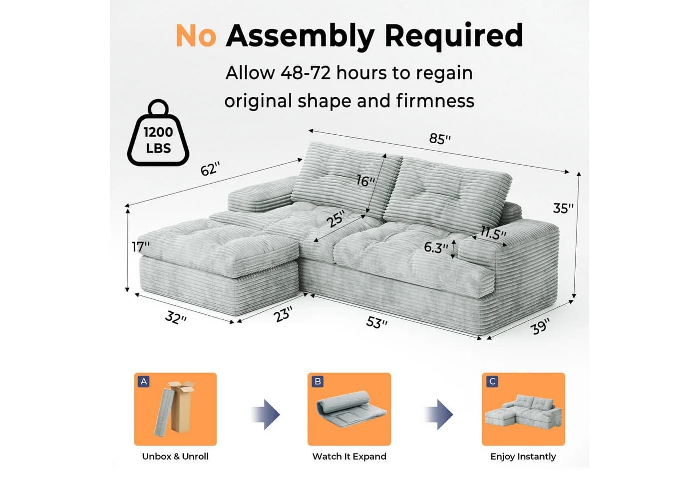 Patbrela Ecksofa L-Form Vierersofa mit Liegefläche Hellgrau - Bild 4
