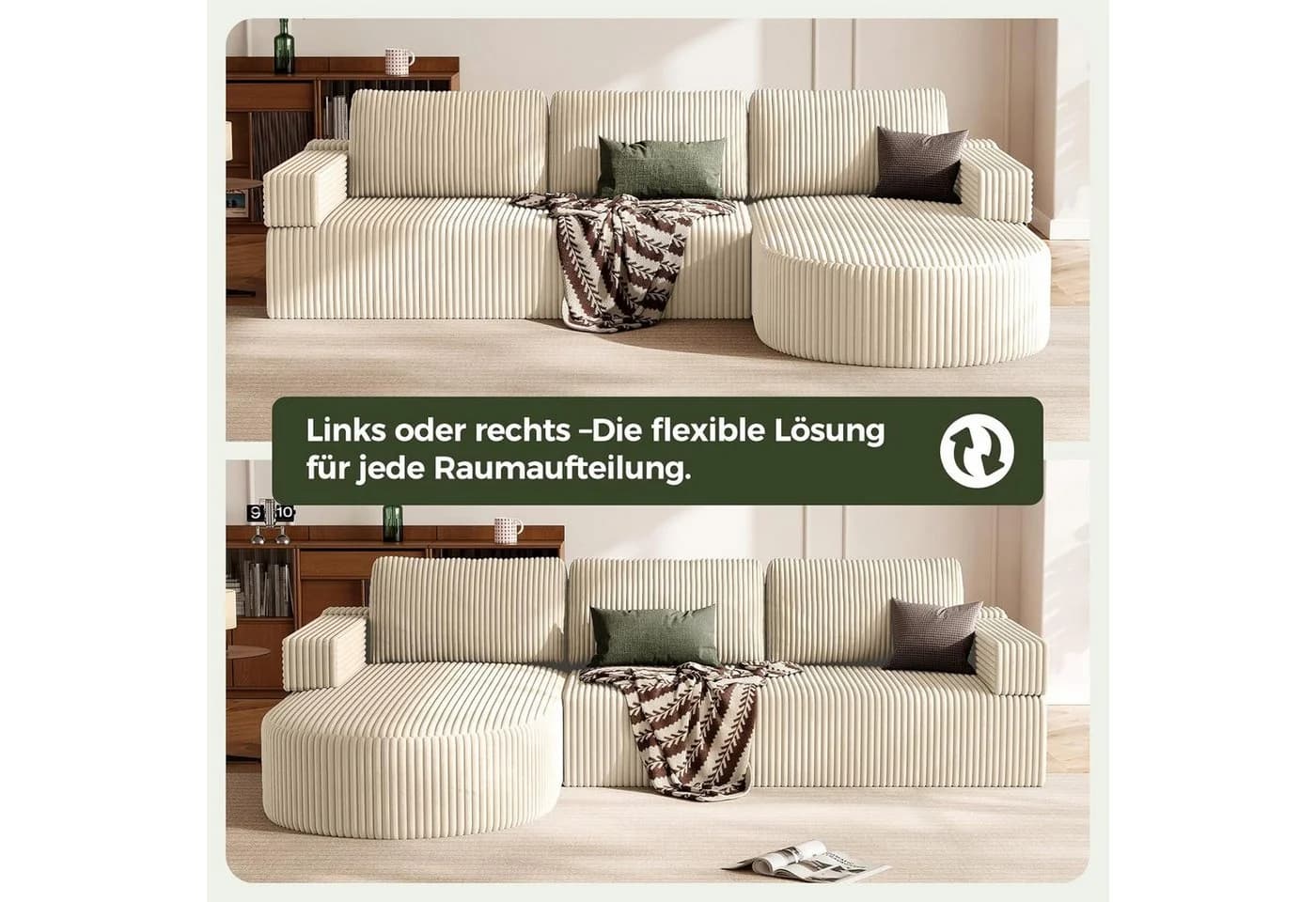Patbrela Ecksofa Cord Schlafsofa L Form Beige mit Chaise Longue