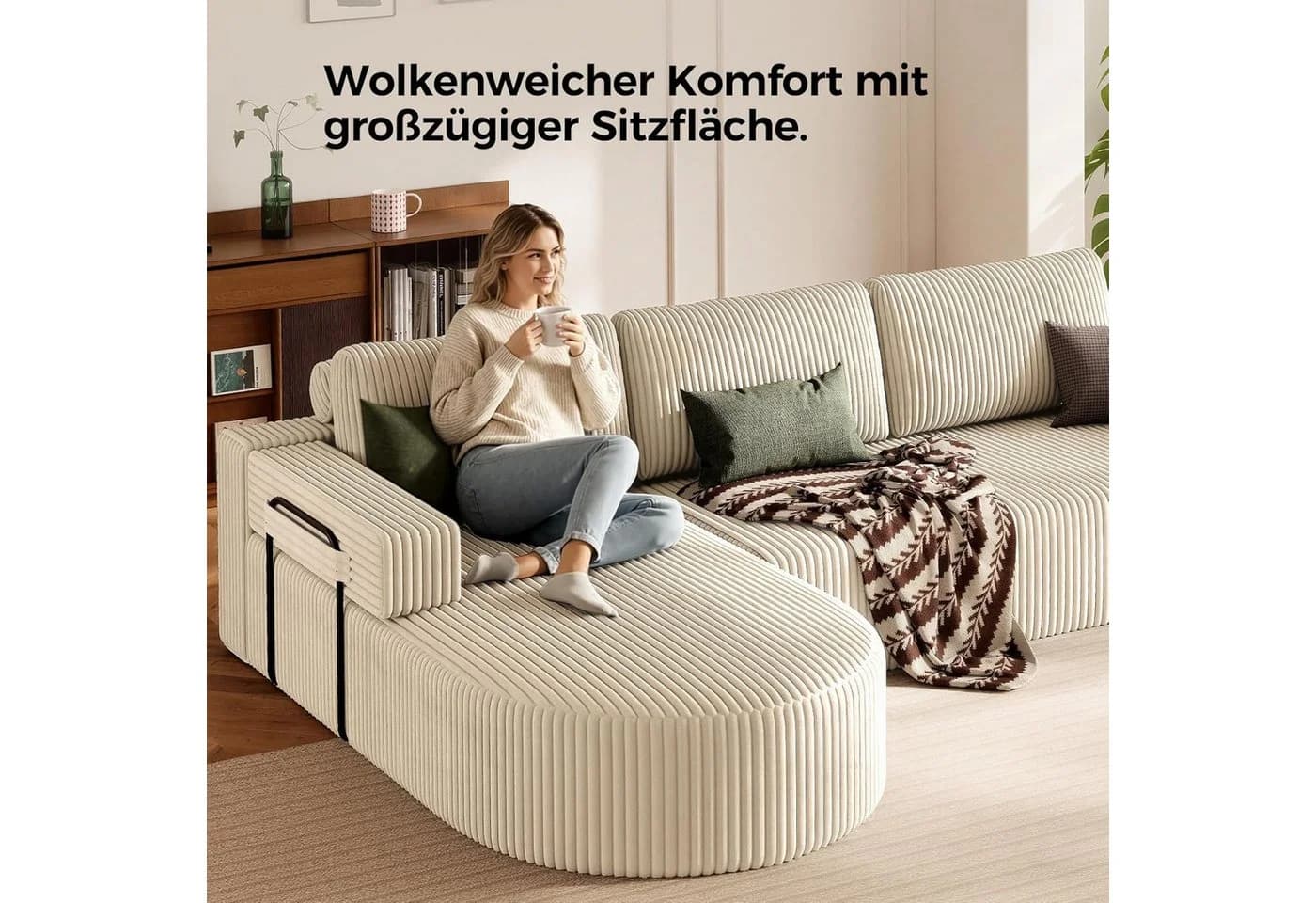 Patbrela Ecksofa Cord Schlafsofa L Form Beige mit Chaise Longue - Bild 3