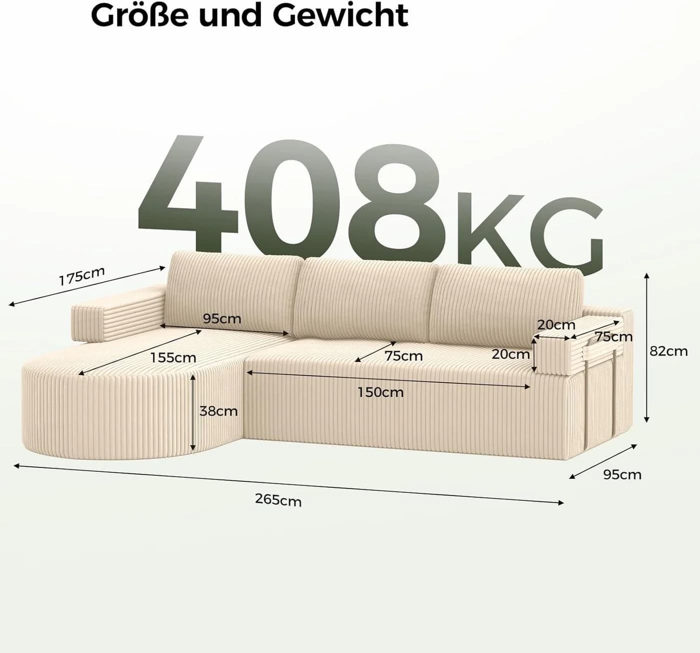 Patbrela Ecksofa Cord Schlafsofa L Form Beige mit Chaise Longue - Bild 4