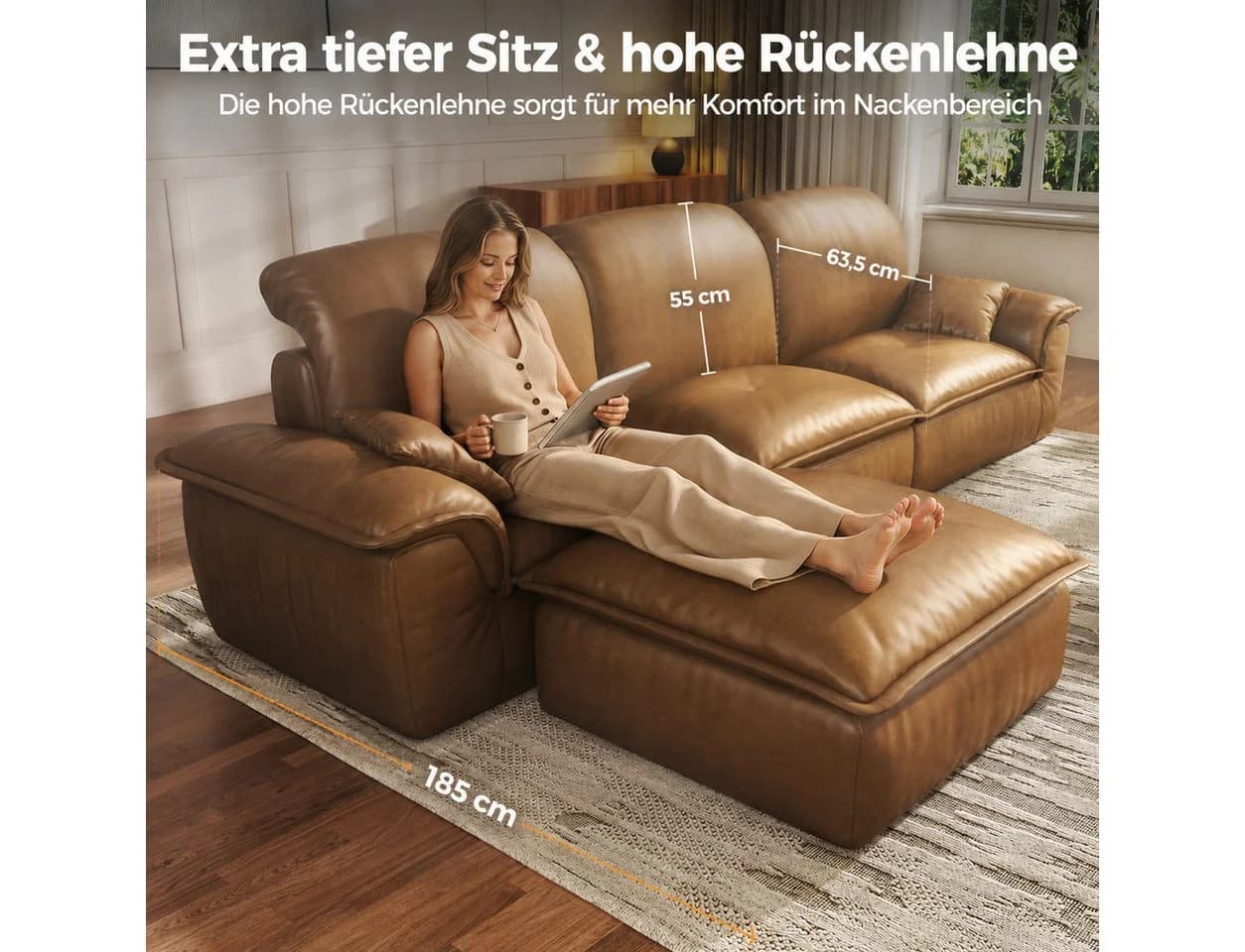 Patbrela Ecksofa 3-Sitzer mit Longchair Vintage Braun Kunstleder