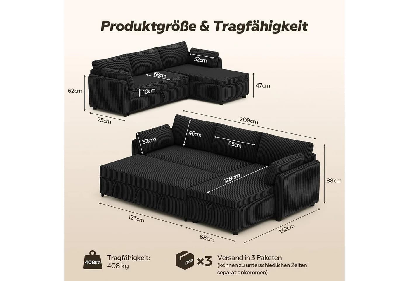 Patbrela Ecksofa mit Schlaffunktion und Stauraum Schwarz