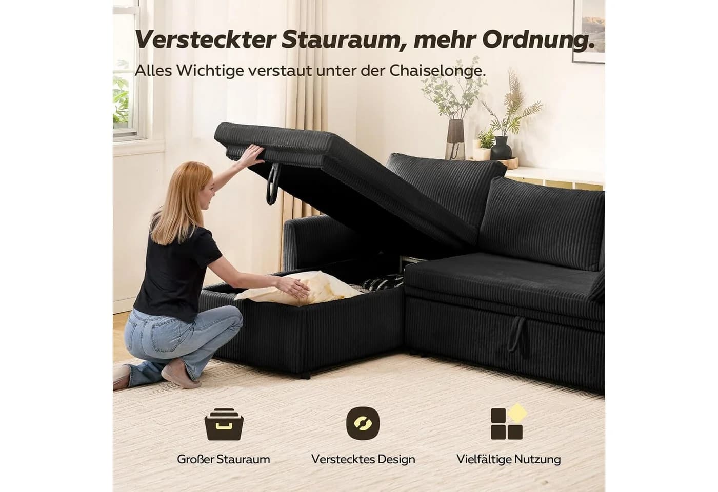 Patbrela Ecksofa mit Schlaffunktion und Stauraum Schwarz - Bild 5
