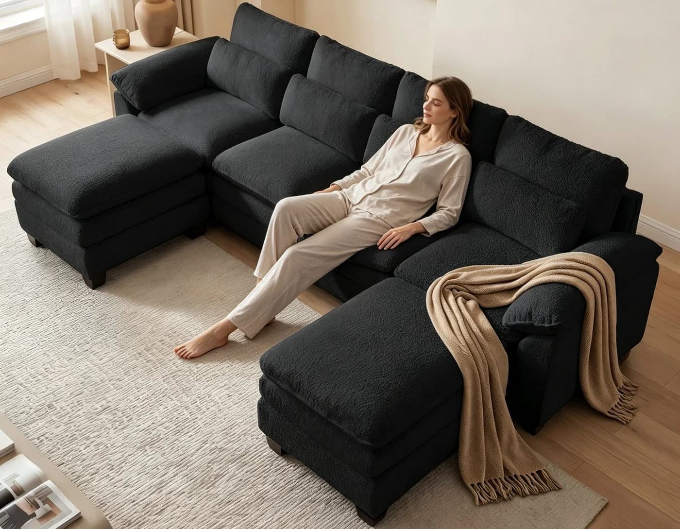 Patbrela Ecksofa L-förmig Schwarz mit Fußhocker und Cloud-Kissen - Bild 2