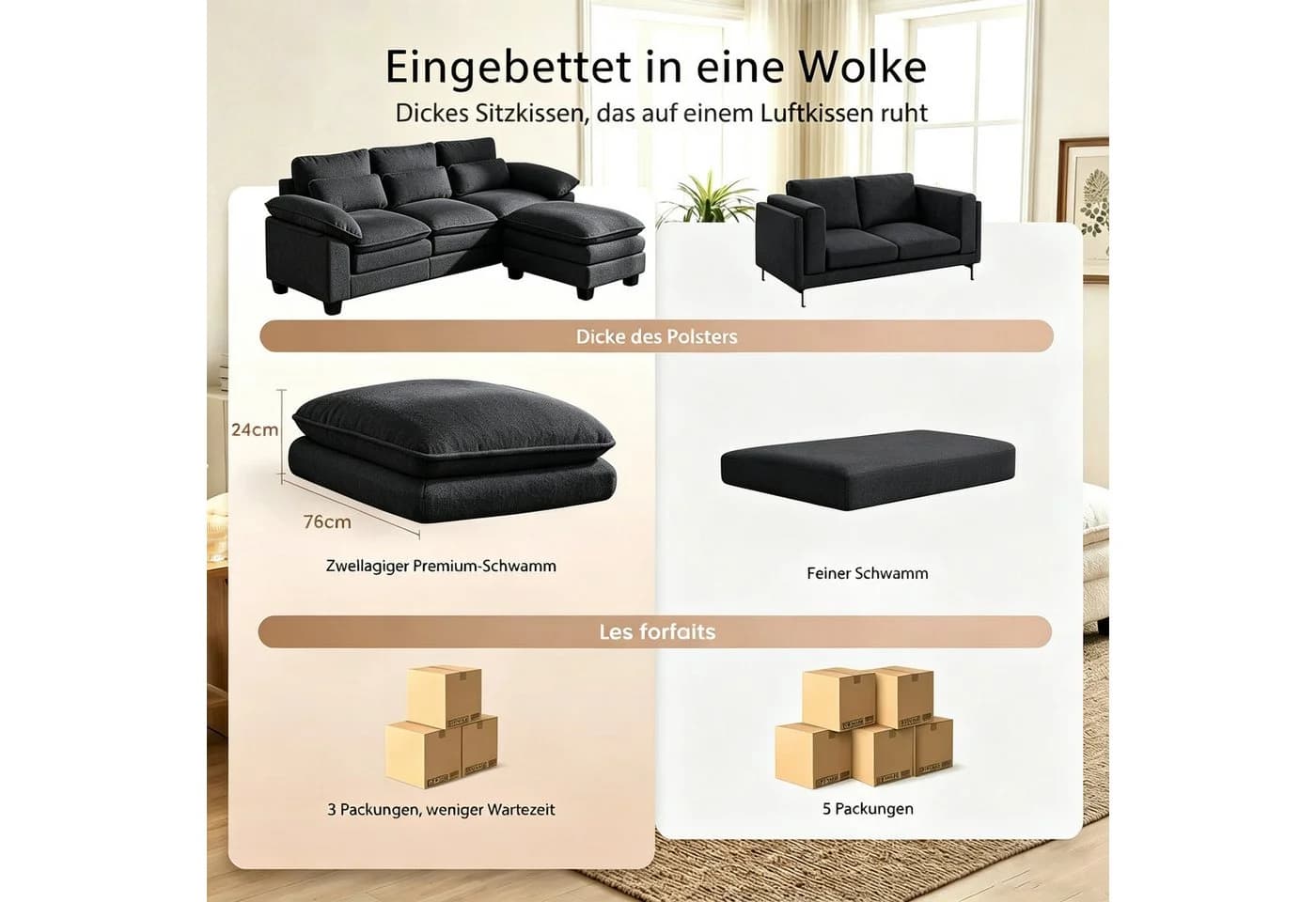 Patbrela Ecksofa L-förmig Schwarz mit Fußhocker und Cloud-Kissen - Bild 3