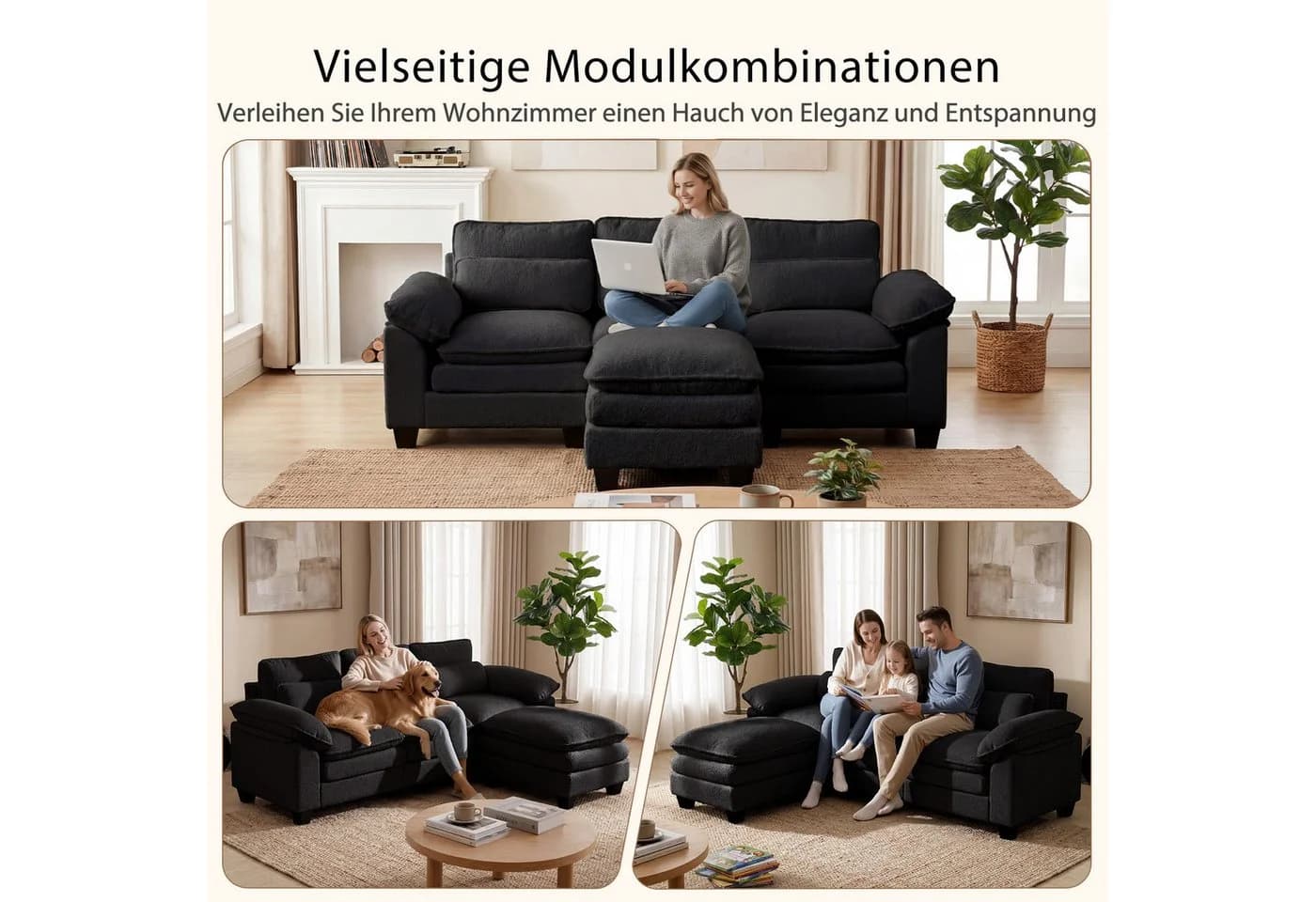 Patbrela Ecksofa L-förmig Schwarz mit Fußhocker und Cloud-Kissen - Bild 4