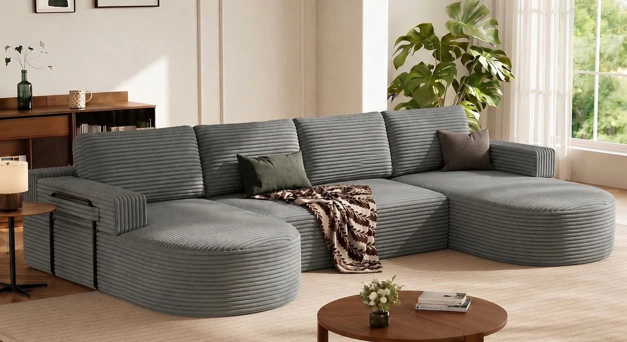 Patbrela Ecksofa Cord U-Form mit 2 Chaise Longue Grau - Bild 2