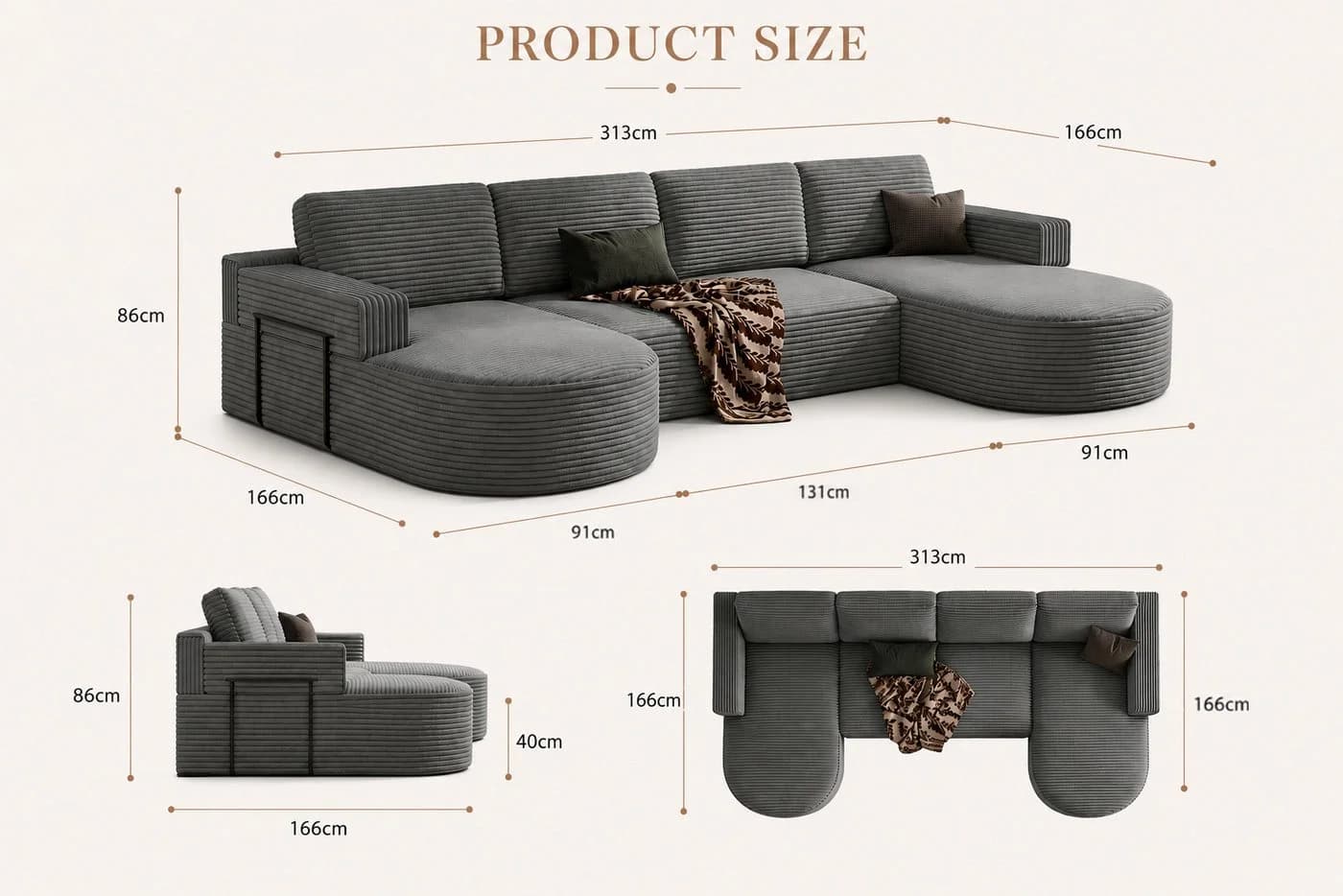 Patbrela Ecksofa Cord U-Form mit 2 Chaise Longue Grau - Bild 3