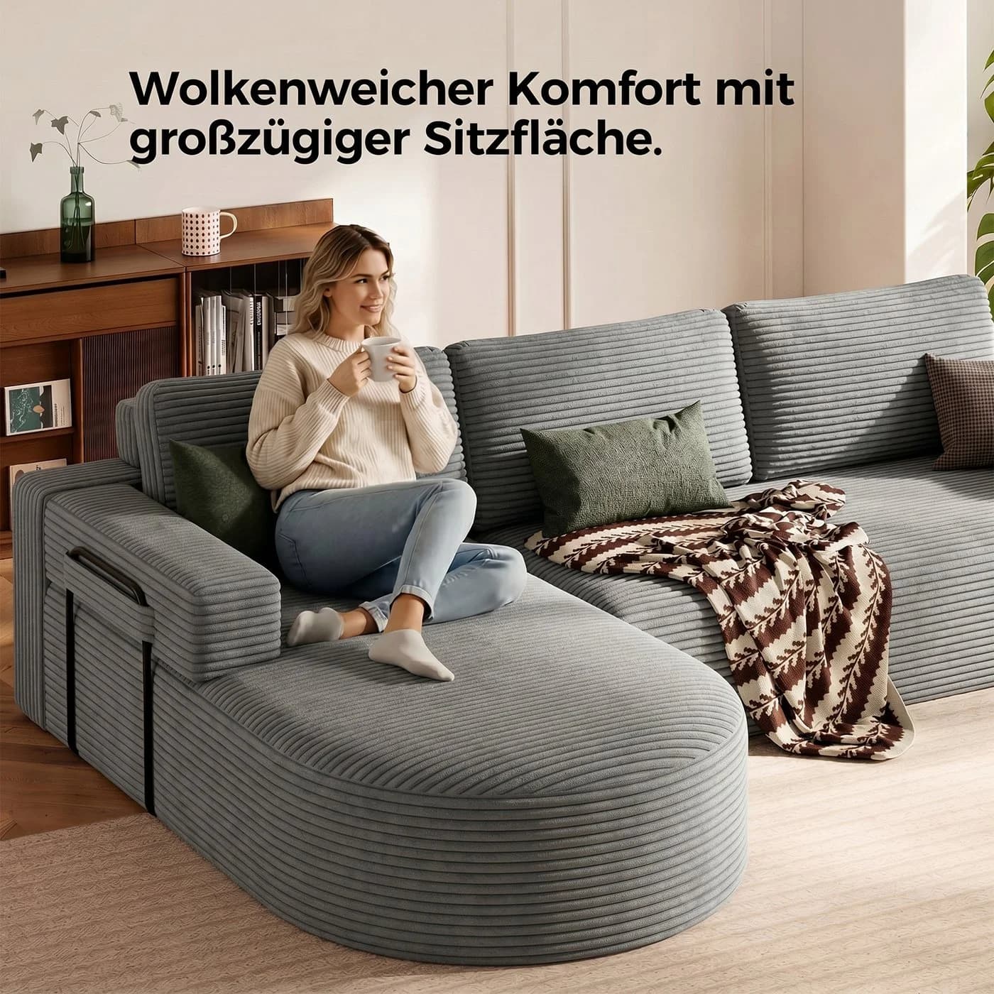Patbrela Ecksofa Cord U-Form mit 2 Chaise Longue Grau - Bild 4