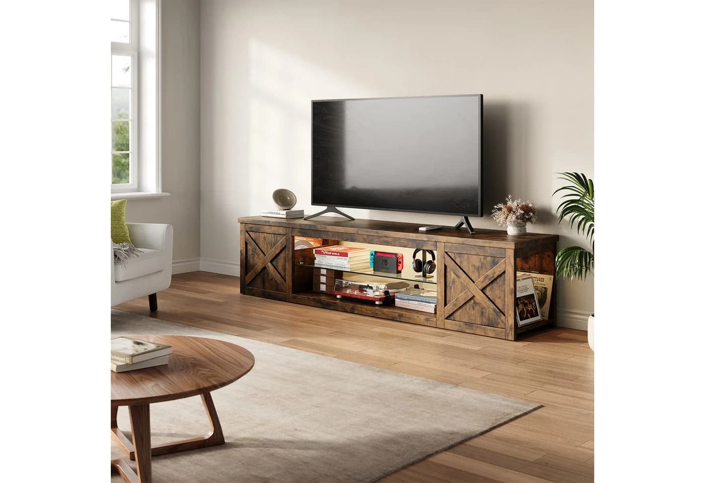 Patbrela TV-Schrank Landhausstil mit RGB-LED & offenem Stauraum