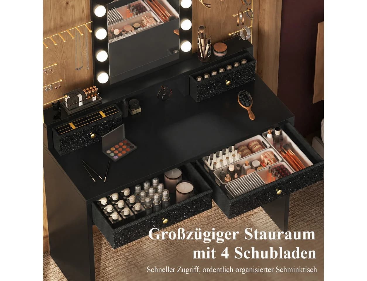 Patbrela Schminktisch mit LED-Spiegel & 4 Stoffschubladen Weiß/Rosa