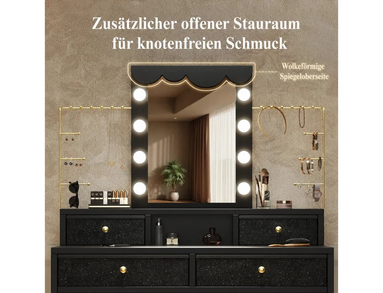 Patbrela Schminktisch mit LED-Spiegel & 4 Stoffschubladen Weiß/Rosa - Bild 3