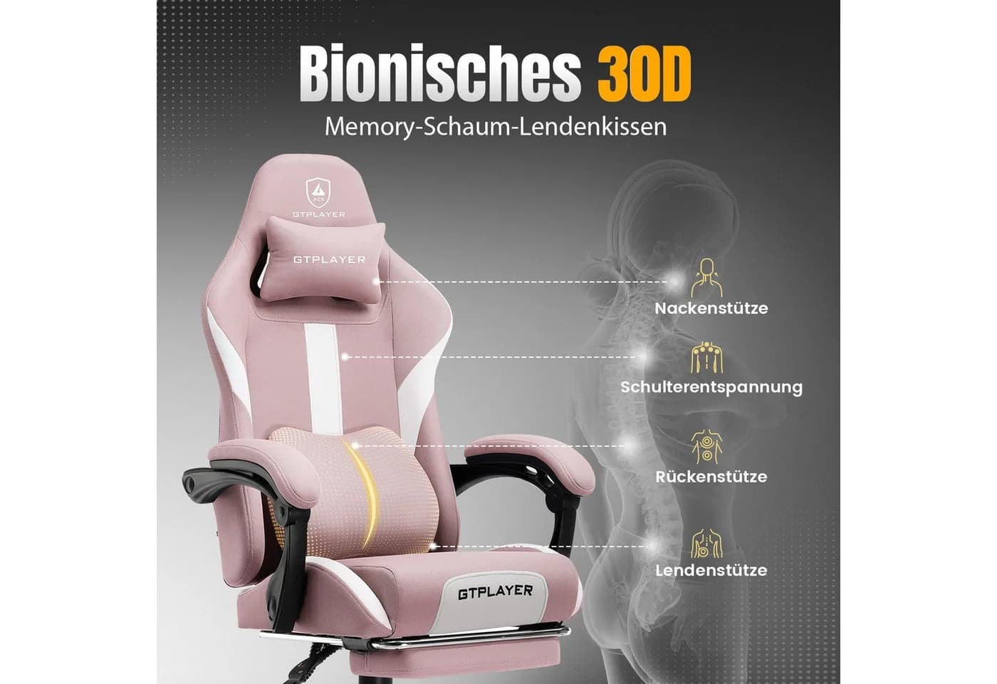GTPLAYER Gaming-Stuhl Stoff Ergonomisch mit Fußstütze - Bild 5