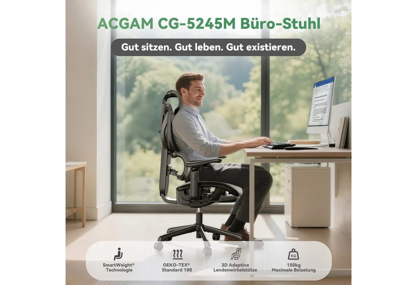 ACGAM Bürostuhl Ergonomisch Schreibtischstuhl, Büro Stuhl & Gaming Stuhl, 150 kg, SmartWeight®Technologie