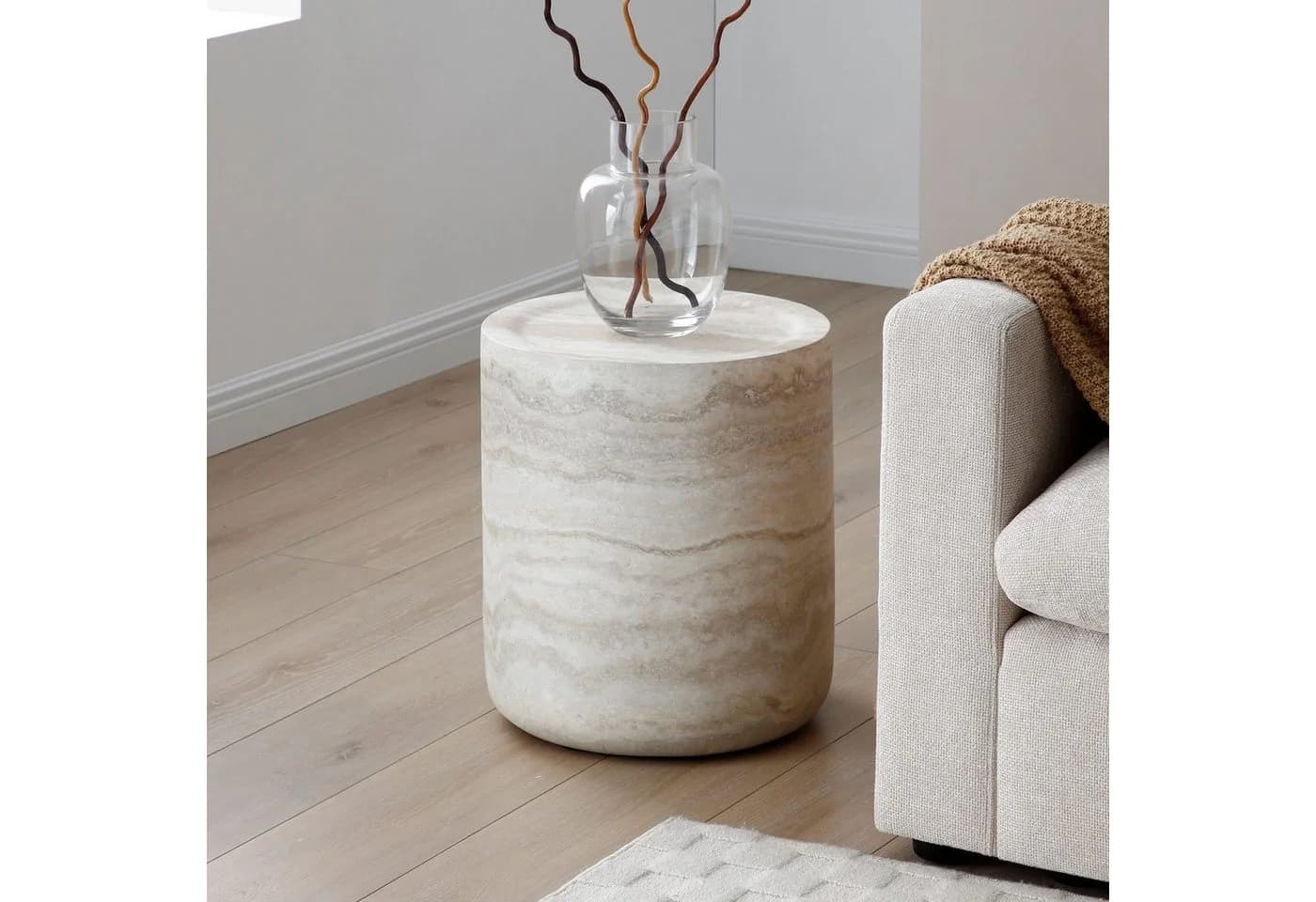 NJLyuhome Couchtisch Zylindrisch Beige Travertin-Look Glasfaserbeton - Bild 2