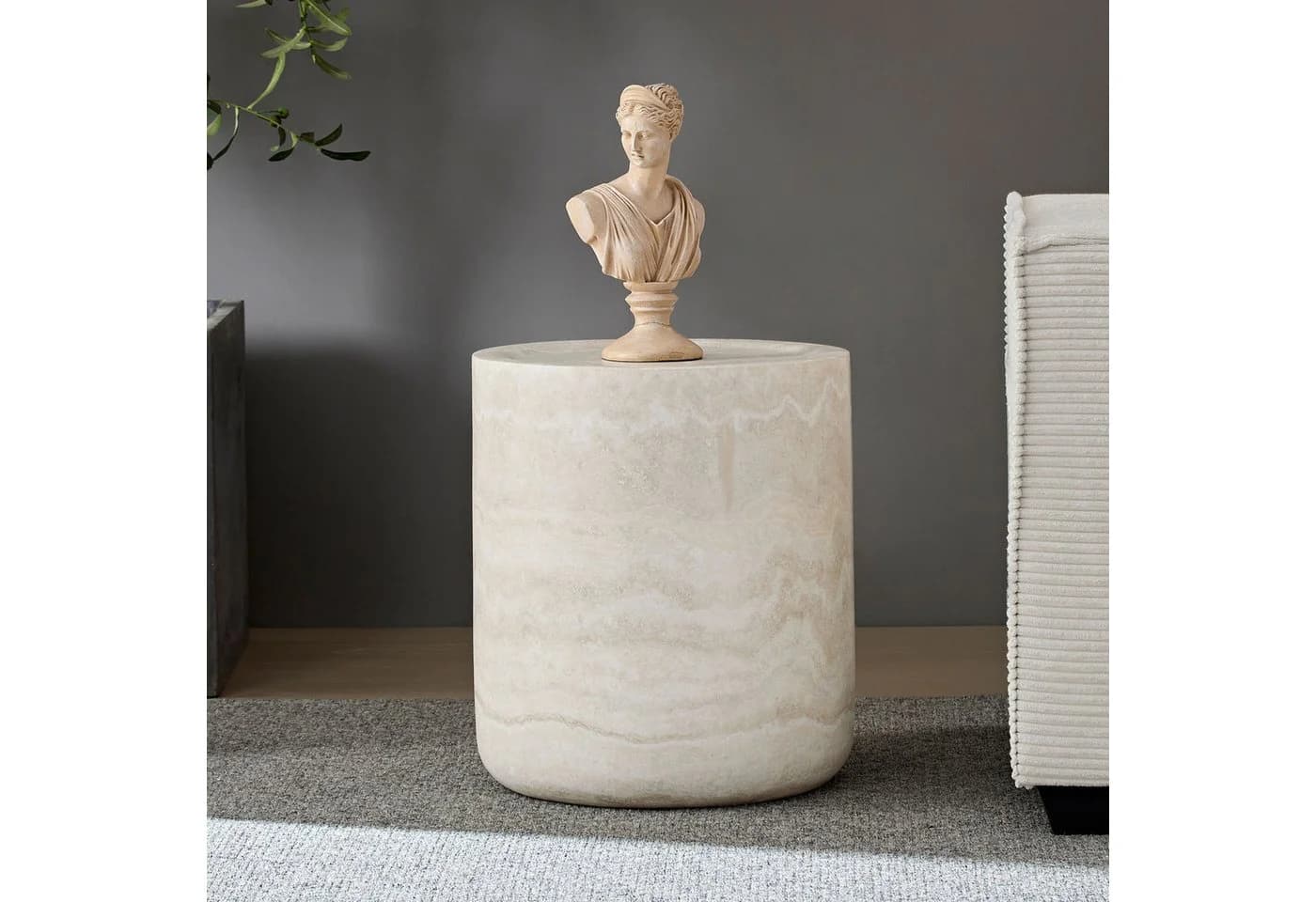 NJLyuhome Couchtisch Zylindrisch Beige Travertin-Look Glasfaserbeton - Bild 4