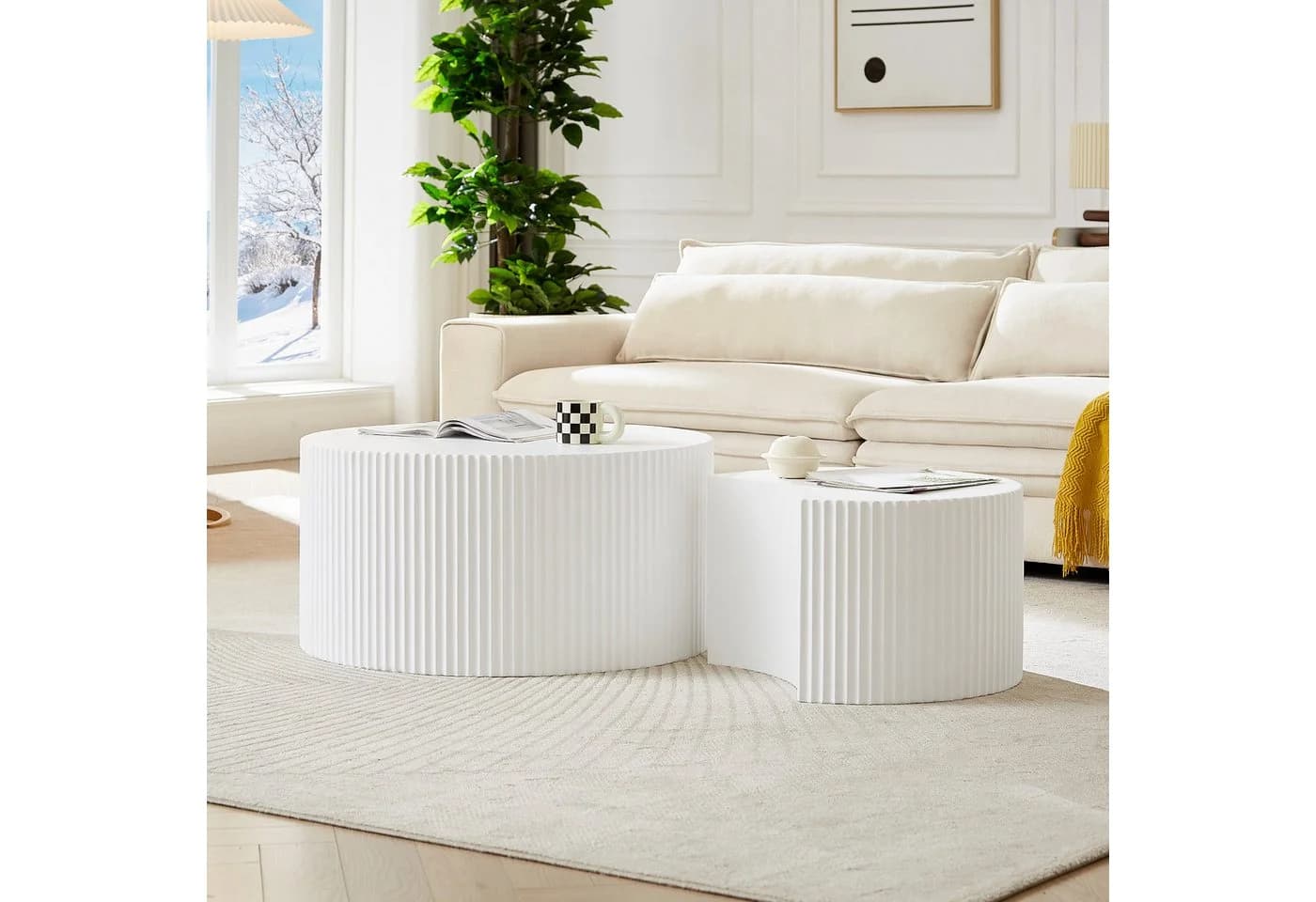 NJLyuhome Couchtisch Weißes Wellen-Design Beistelltisch-Set Kombinierbar - Bild 5