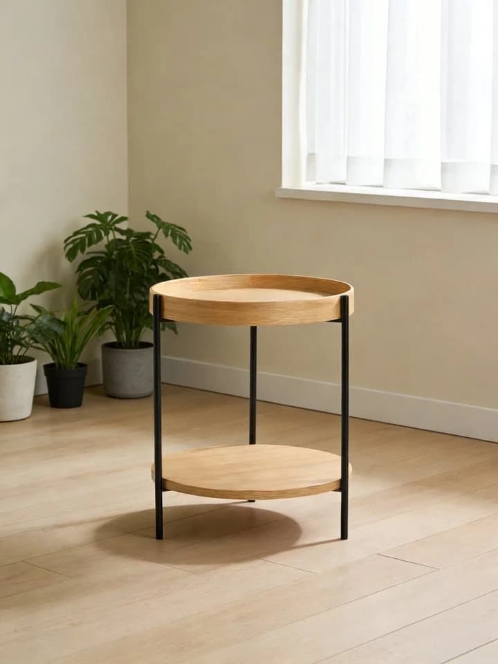 NJLyuhome Couchtisch rund 44cm Schwarz/Natur MDF Metallgestell - Bild 2