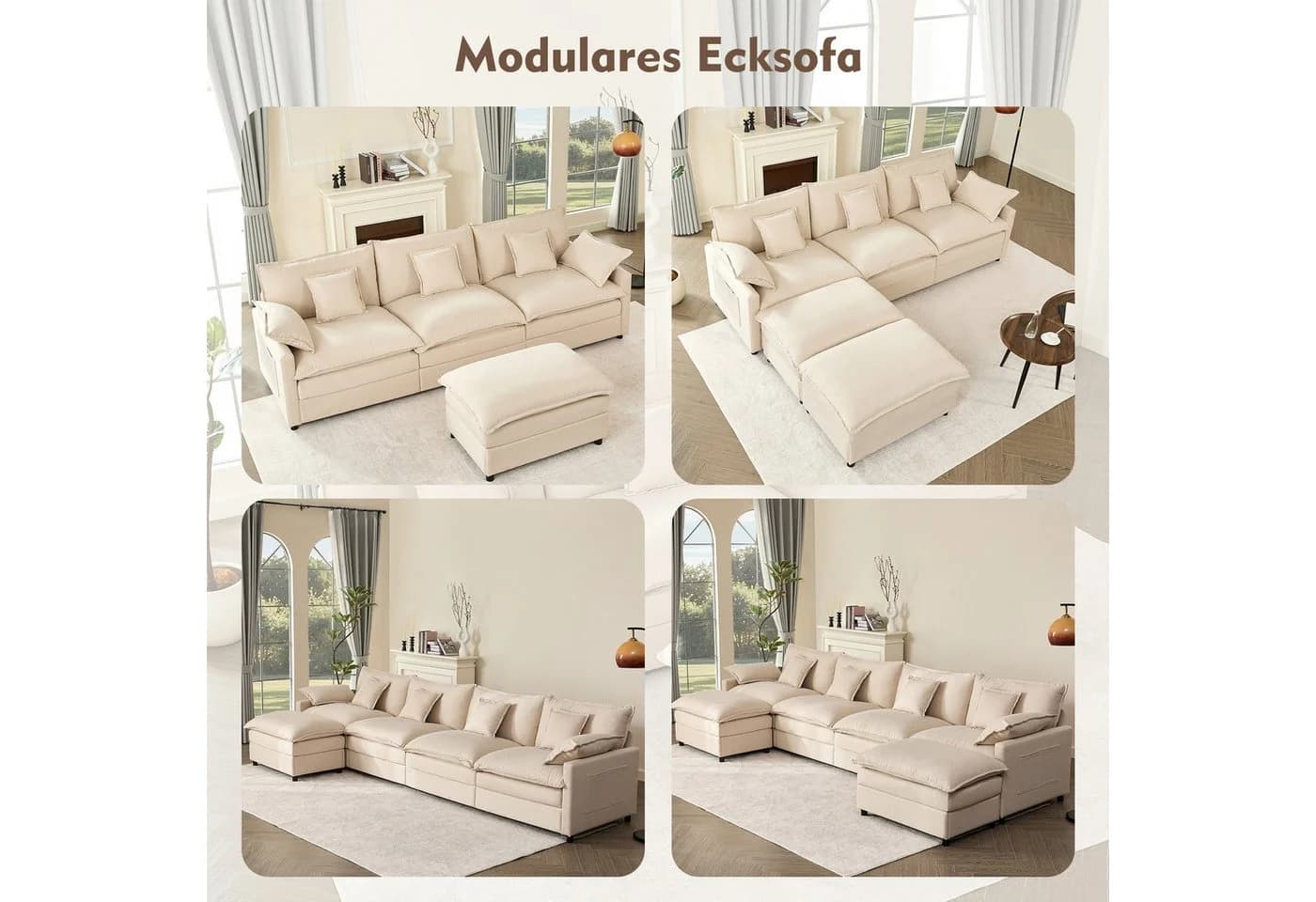 LITBIRD U-förmiges Ecksofa 3-Sitzer mit Hocker Beige Leinen