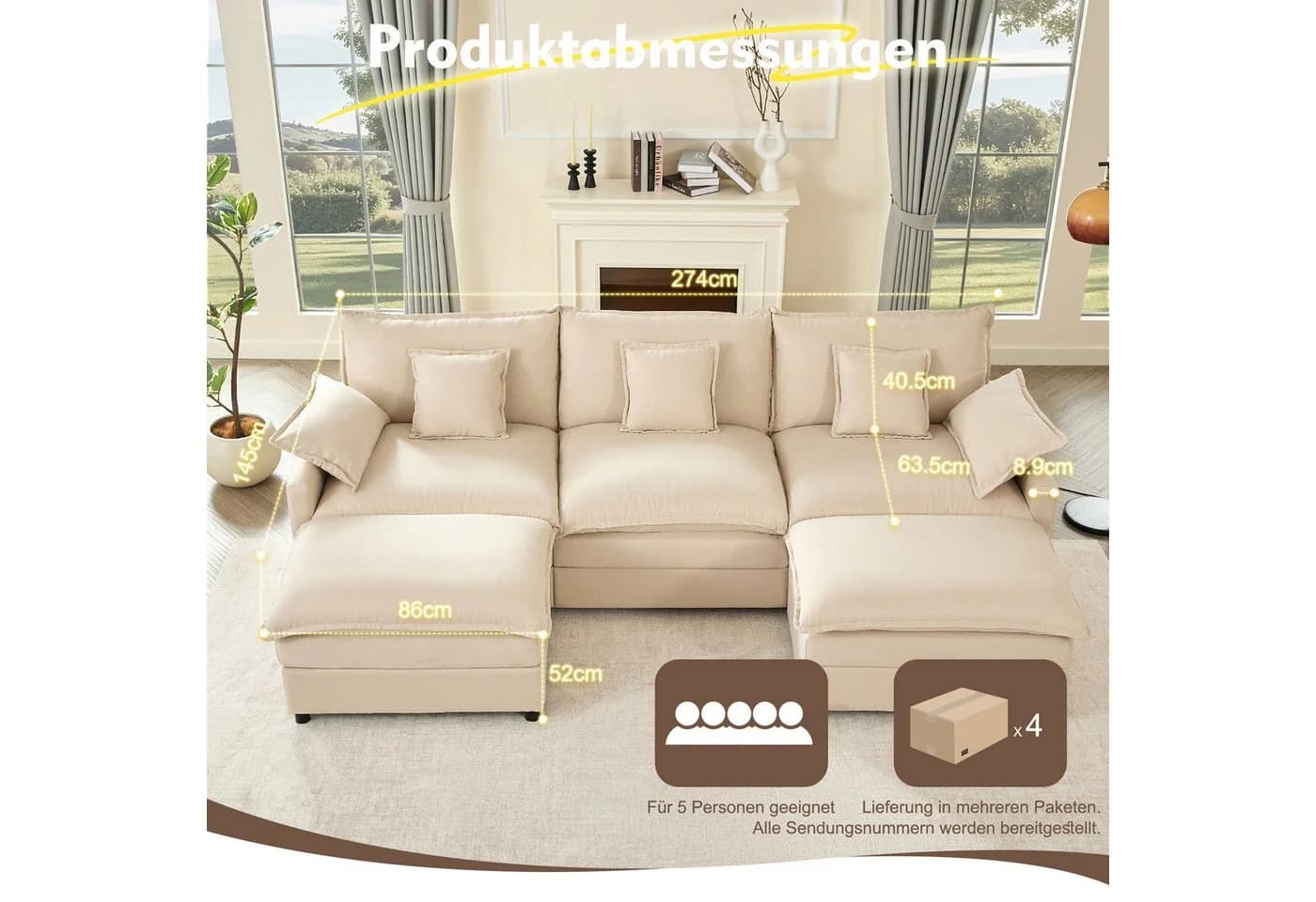 LITBIRD U-förmiges Ecksofa 3-Sitzer mit Hocker Beige Leinen - Bild 3