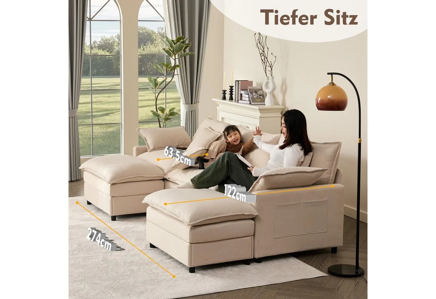 LITBIRD U-förmiges Ecksofa 3-Sitzer mit Hocker Beige Leinen - Bild 4