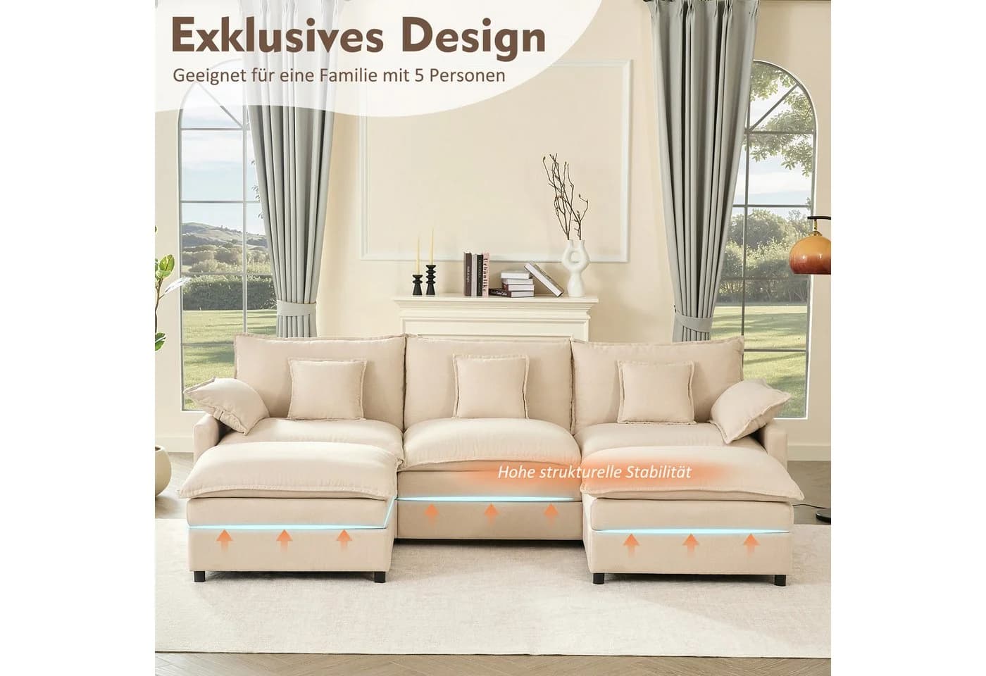 LITBIRD U-förmiges Ecksofa 3-Sitzer mit Hocker Beige Leinen - Bild 5