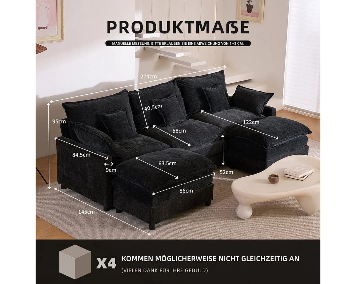 LITBIRD U-förmiges Ecksofa mit Hocker Chenille Schwarz