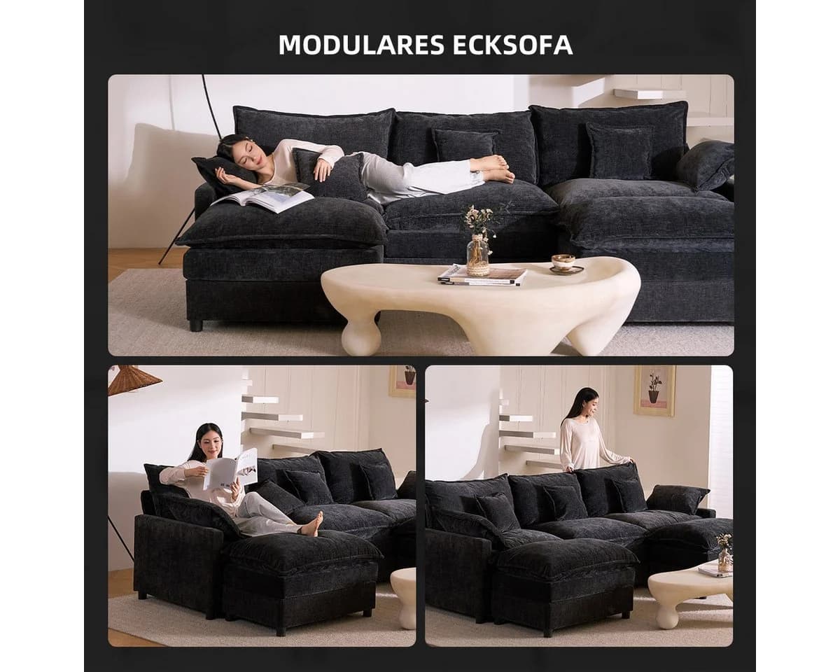 LITBIRD U-förmiges Ecksofa mit Hocker Chenille Schwarz - Bild 5