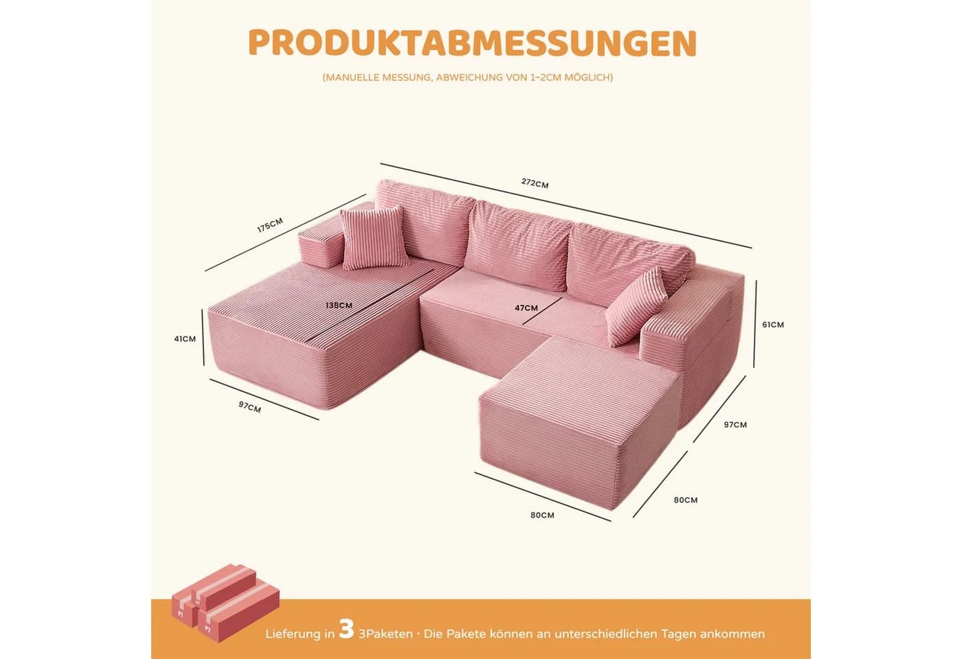 LITBIRD Ecksofa U-förmig Rosa Cordstoff Schlafsofa