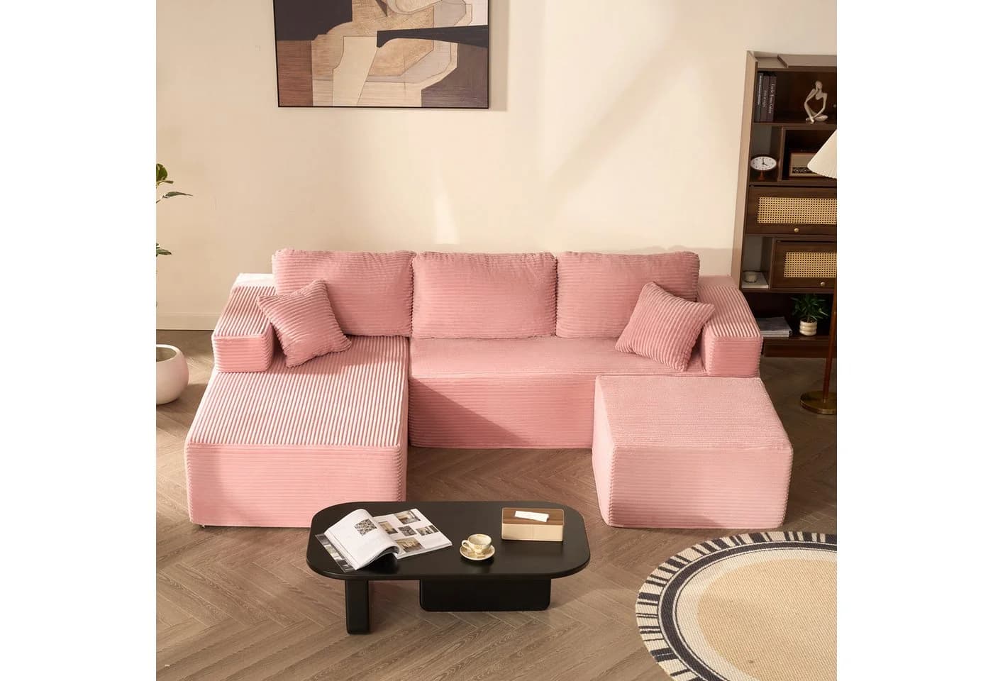 LITBIRD Ecksofa U-förmig Rosa Cordstoff Schlafsofa - Bild 2