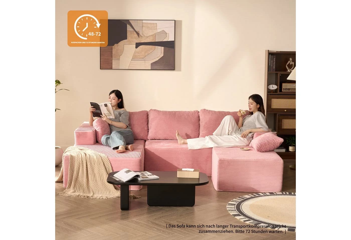 LITBIRD Ecksofa U-förmig Rosa Cordstoff Schlafsofa - Bild 4