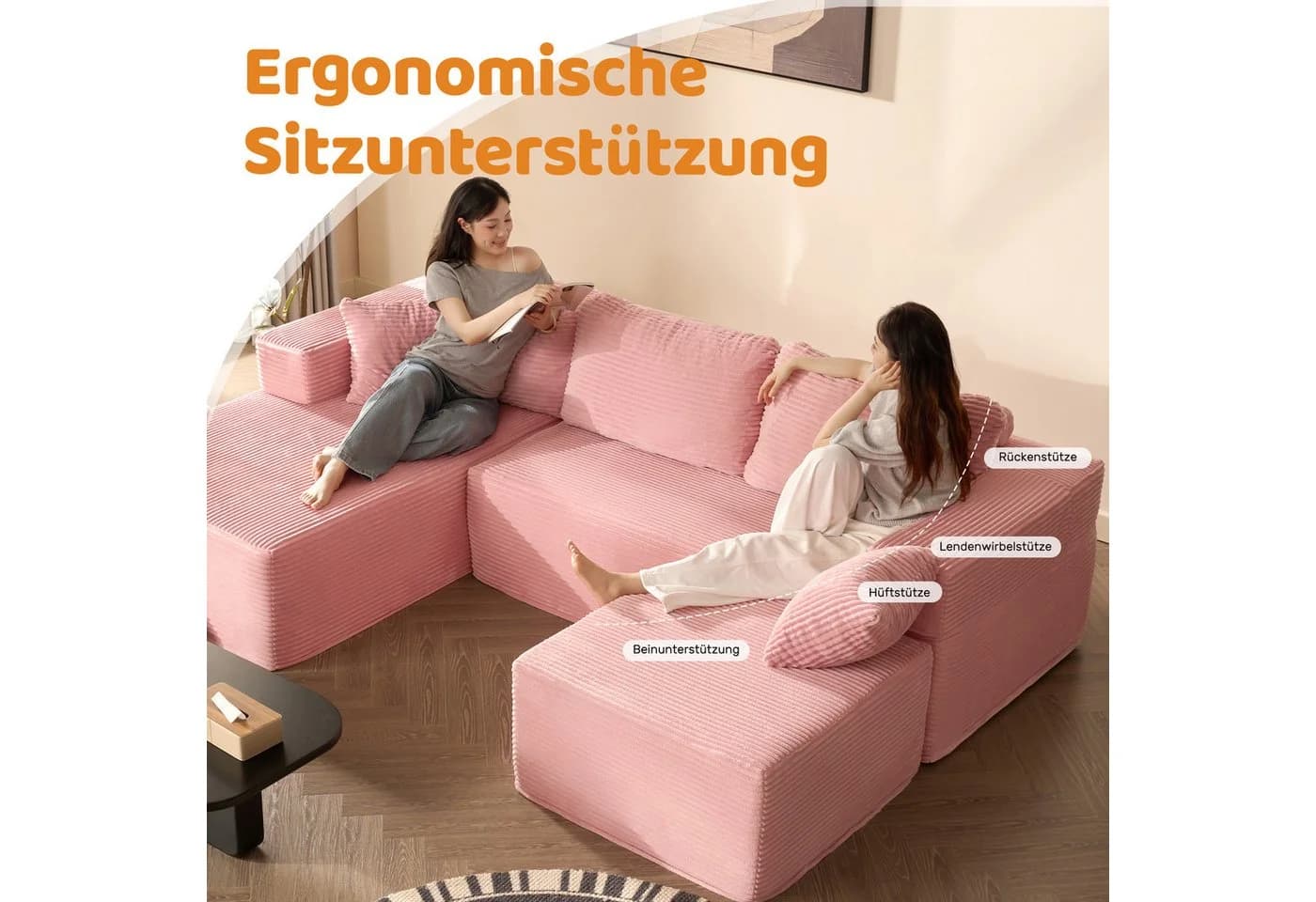 LITBIRD Ecksofa U-förmig Rosa Cordstoff Schlafsofa - Bild 5