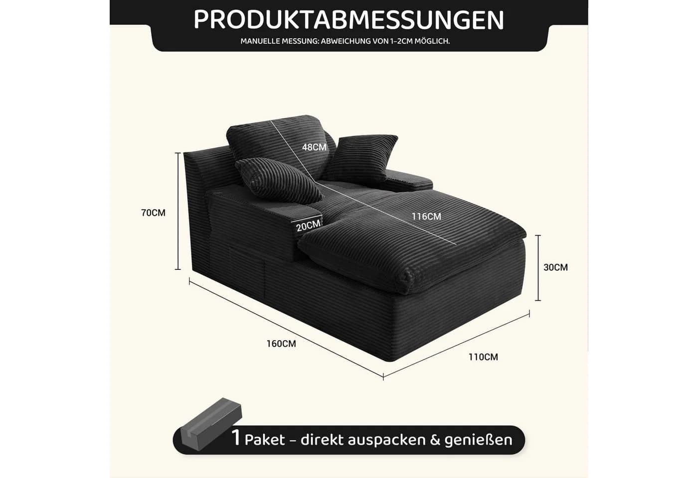 LITBIRD Chaiselongue Loungesofa Schwarz Cordstoff mit Schlaffunktion