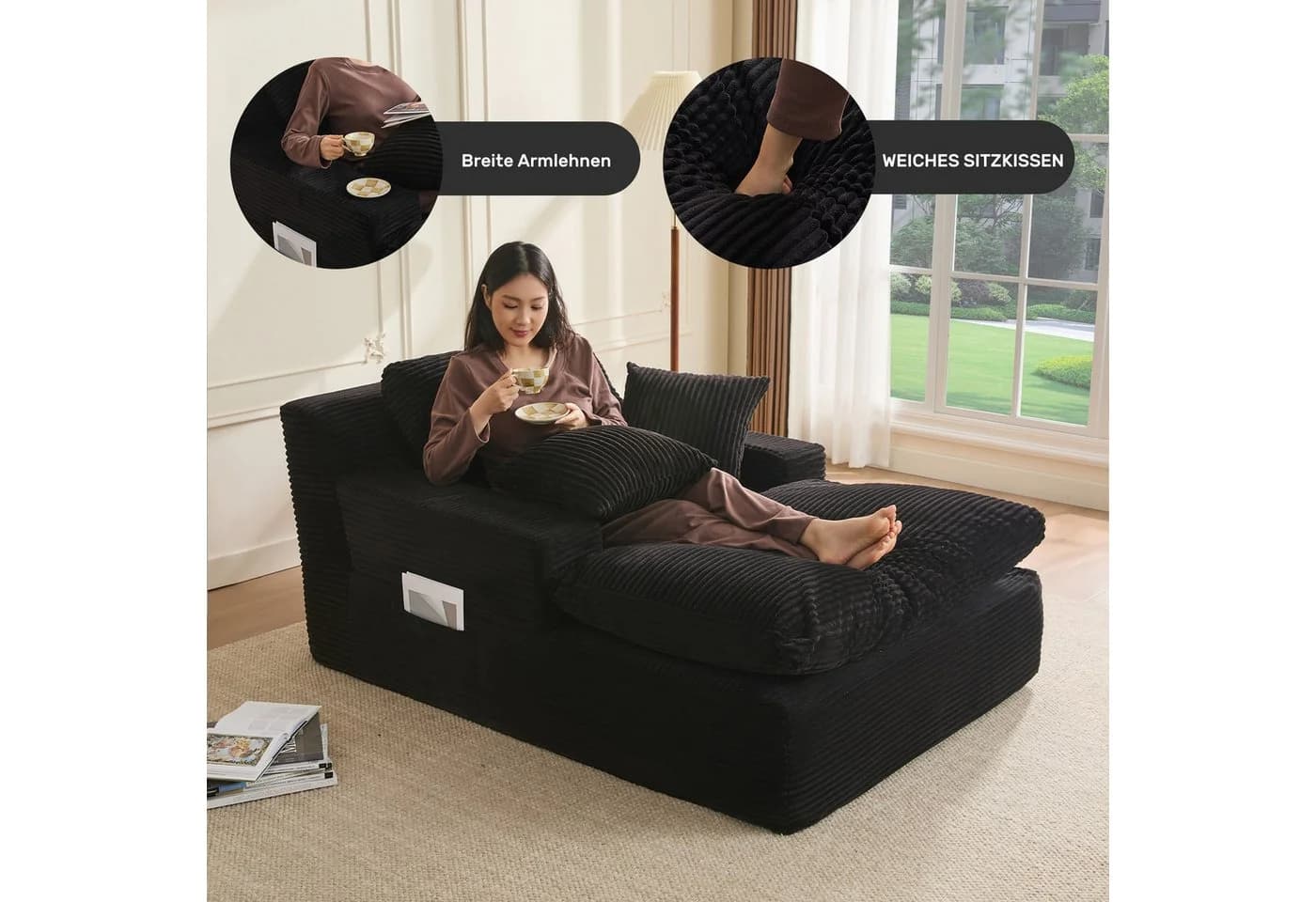 LITBIRD Chaiselongue Loungesofa Schwarz Cordstoff mit Schlaffunktion - Bild 4