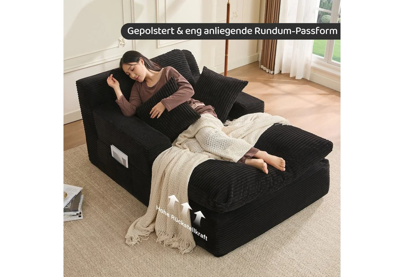 LITBIRD Chaiselongue Loungesofa Schwarz Cordstoff mit Schlaffunktion - Bild 5