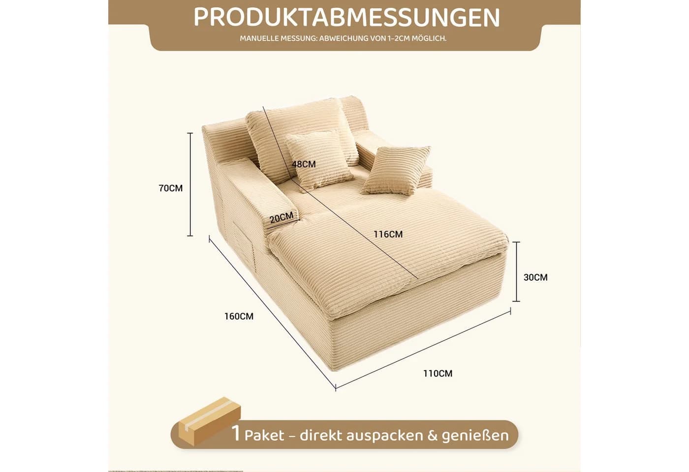 LITBIRD Chaiselongue 160 cm Loungesofa mit Schlaffunktion Hellbraun