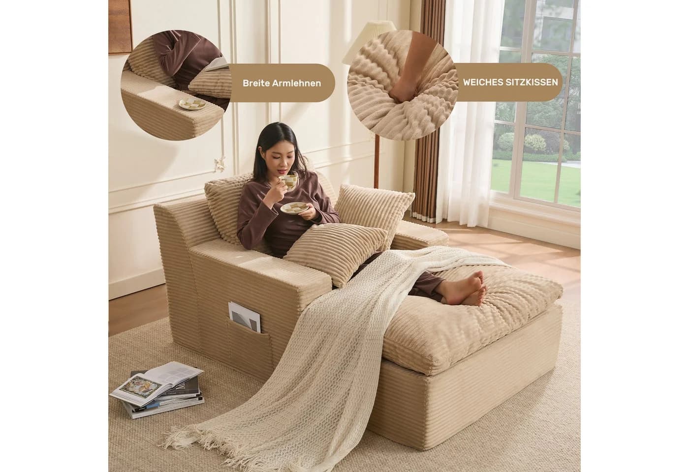 LITBIRD Chaiselongue 160 cm Loungesofa mit Schlaffunktion Hellbraun - Bild 4