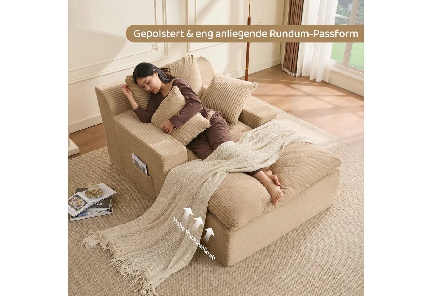 LITBIRD Chaiselongue 160 cm Loungesofa mit Schlaffunktion Hellbraun - Bild 5